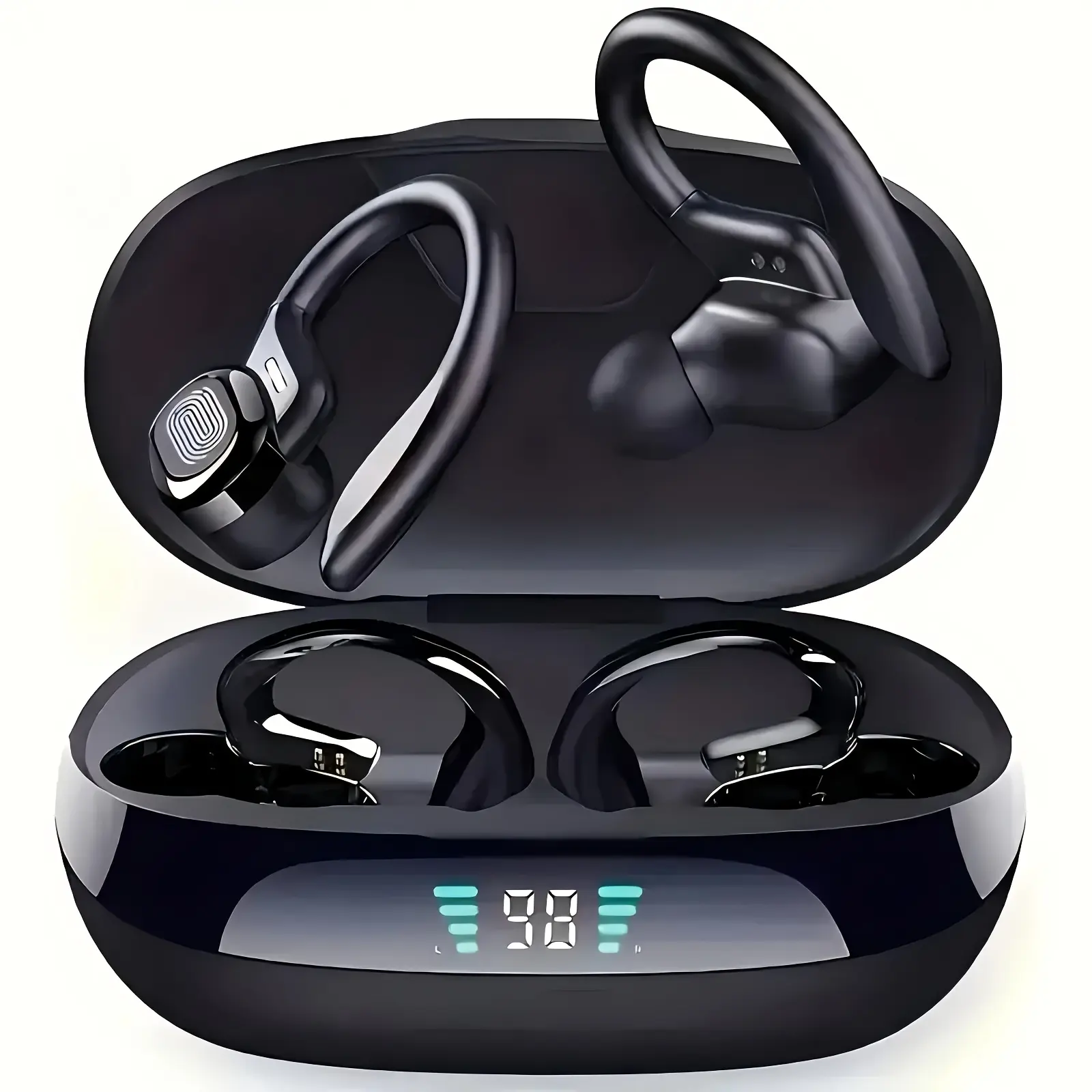 Wireless Headphones with Hook, 48 Hours Playback, Charging Box with LED Power Display and Noise Canceling Earbuds, Hi-Fi Microphone Stereo Sound Headset, Compatible with All IOS Android Mobile Phones and Laptop Series, Headphones Wired, Headphones Noise Cancelling, Travel Headphones, Workout Earbuds, Hook Design, Modern Headphones, Highquality Sound, Durable Plastic, Noisecanceling Headphones, Commuters, Fitness Enthusiasts