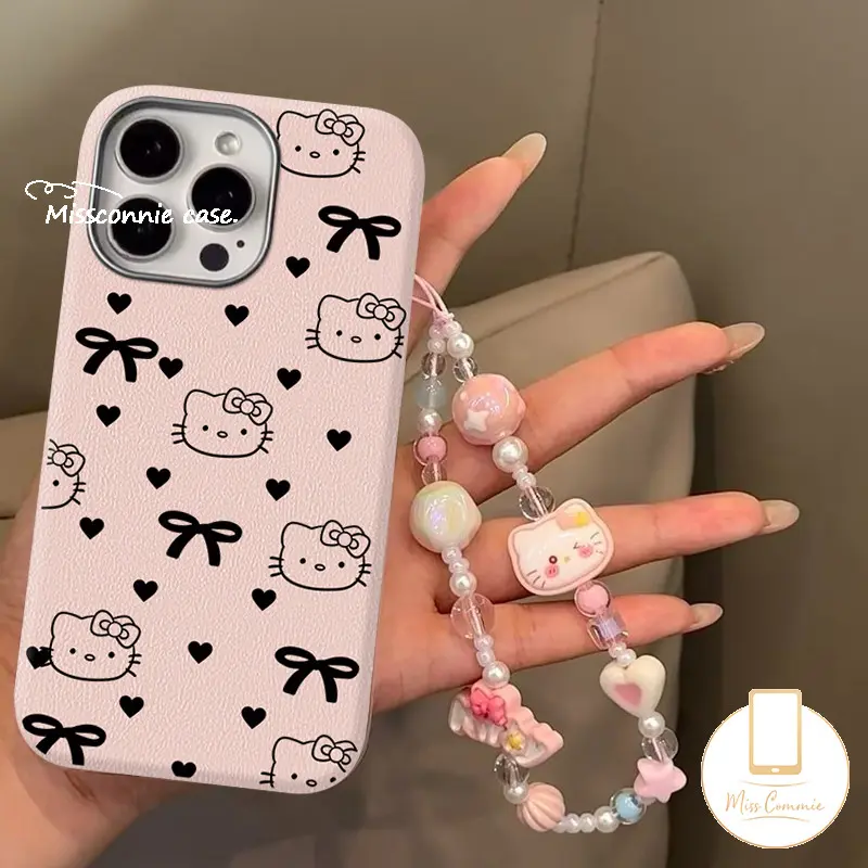 Fashion Cartoon Hello Kitty Bracelet Case Compatible for IPhone 11 16 15 12 13 14 Pro Max XR X XS Max 16 15 14 Plus Luxury Skin Feel Leather Texture Case Cute Bow Love Heart Cover