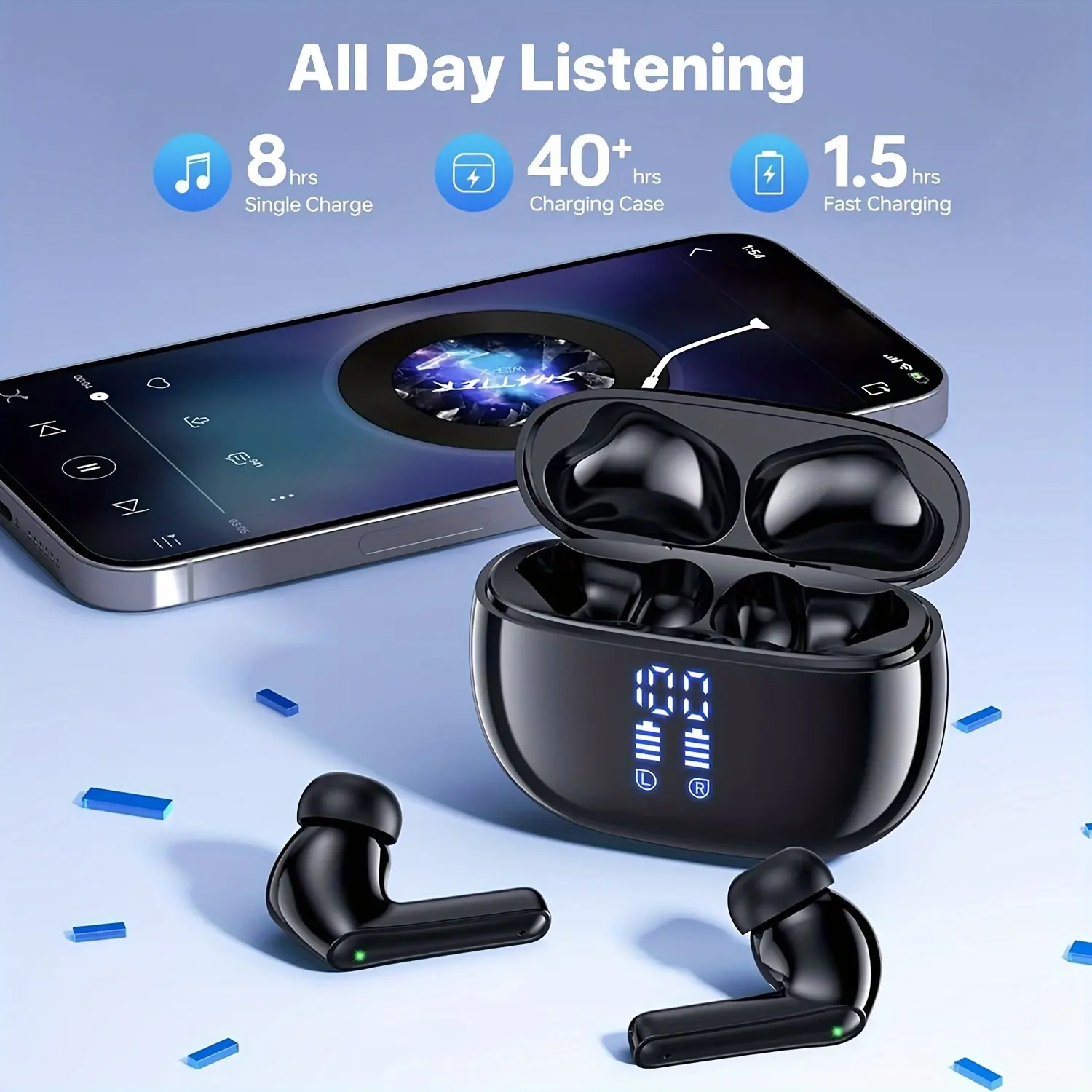 Wireless Earbuds 5.3 Chip Headphones, 40H Playtime Stereo Ear Buds, LED Power Display Cordless in-Ear Earphones with Microphone for Sports Workout Running Gym
