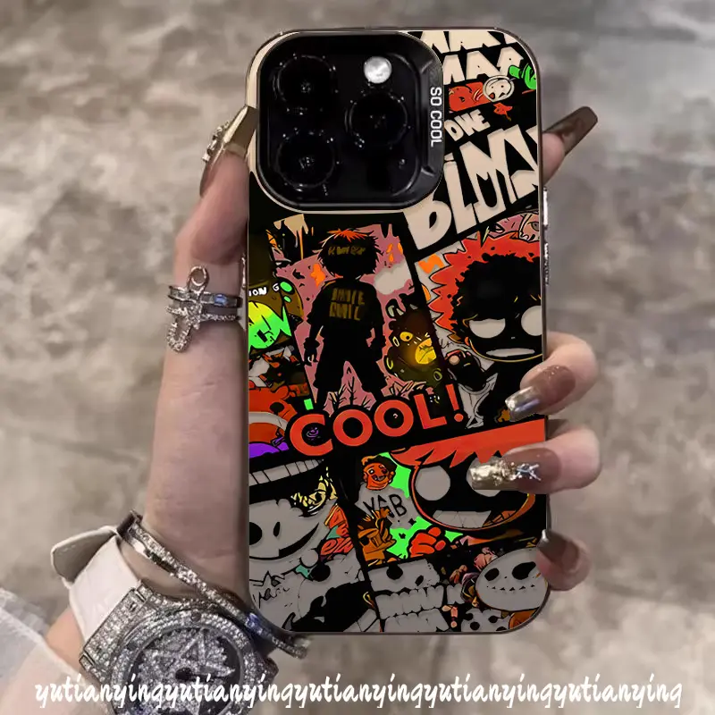 Trend Brand Cool Boy Dark Doodle Pattern Compatible for IPhone 11 16 14 15 13 12 Pro Max 16 8 15 7 14 Plus 7Plus XR X XS Max SE 2020 Couples Luxury Plating Metal Lens Graffiti Letters Cover