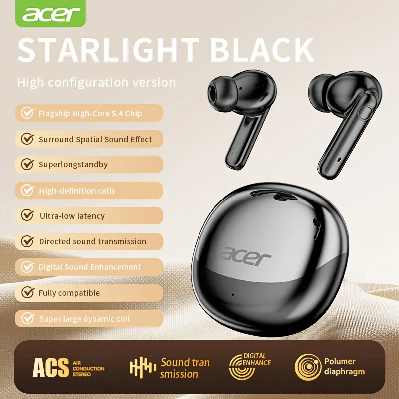 Acer Genuine True Wireless Earbuds TWS - Deep Bass Stereo Sound, Low Latency Gaming Mode, Noise Cancelling Mic, Touch Control, Wireless, USB-C Charging, Long Battery Life, Comfort Fit for Sports/Running/Gaming/Phone/Computer - Christmas Valentine'S Gift, Earbuds Wireless, Gaming Earphones, Sleek Design, Durable Plastic, Workout Headphones, Modern Headphones, Highquality Sound, Noisecanceling Headphones, Fitness Enthusiasts